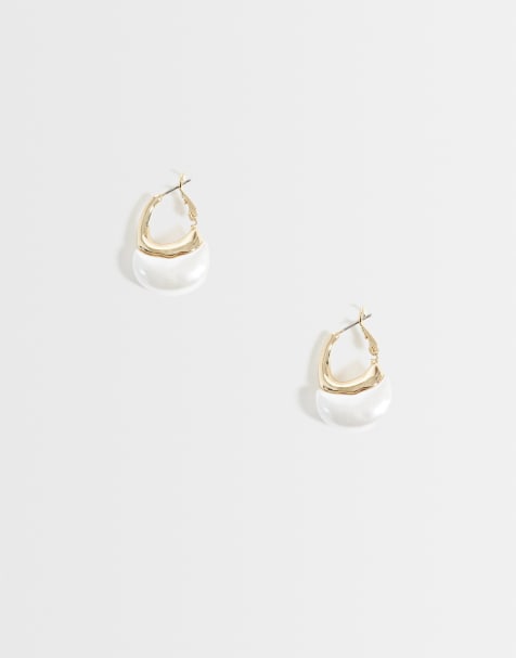 Reclaimed Vintage pearl chubby hoop earrings in gold tone - view 1