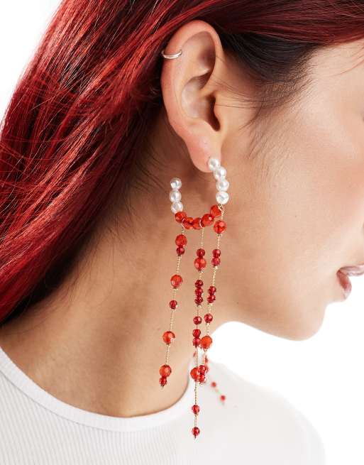 Reclaimed Vintage pearl drippy red hoops