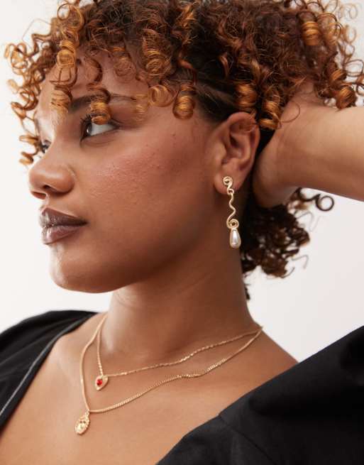 Reclaimed Vintage pearl drop swirl earrings in gold tone