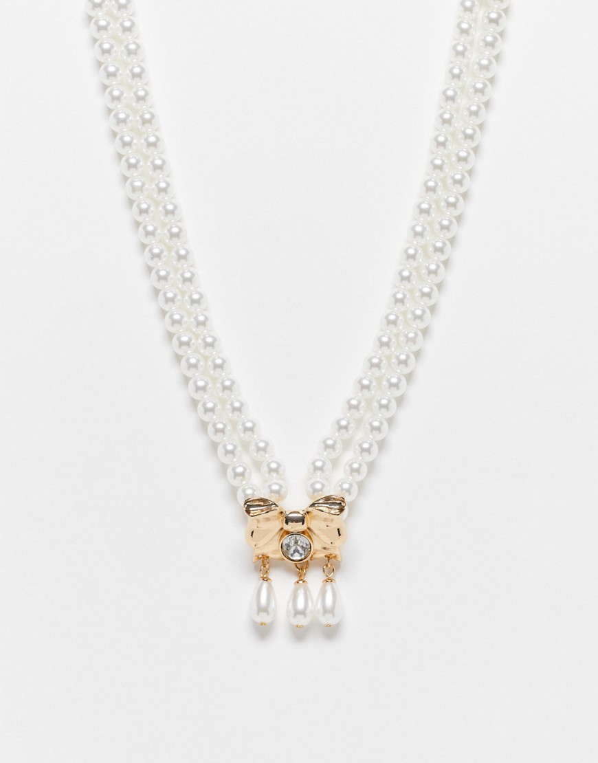 Reclaimed Vintage pearl necklace with bow drop in gold-Multi