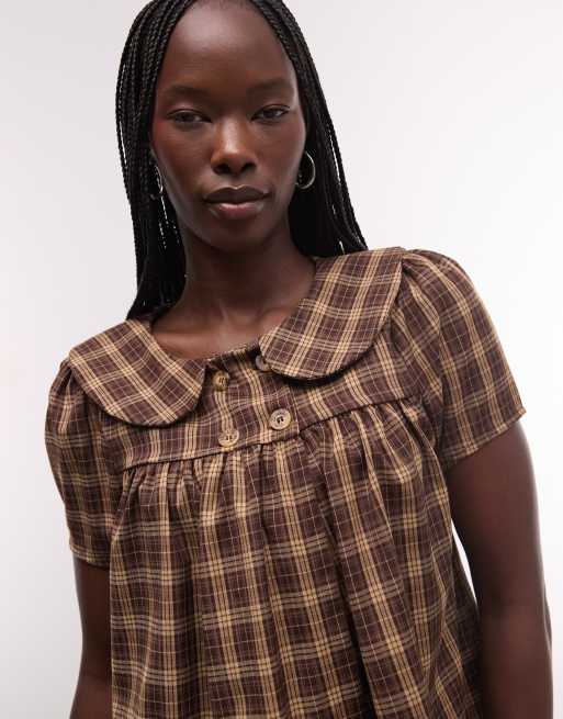 Reclaimed Vintage Peter Pan collar blouse in brown check
