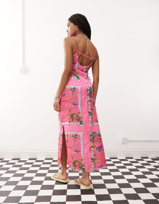 Reclaimed Vintage - Pink maxi-sommerkjole med cami-stropper og postkortprint, 3 af 4