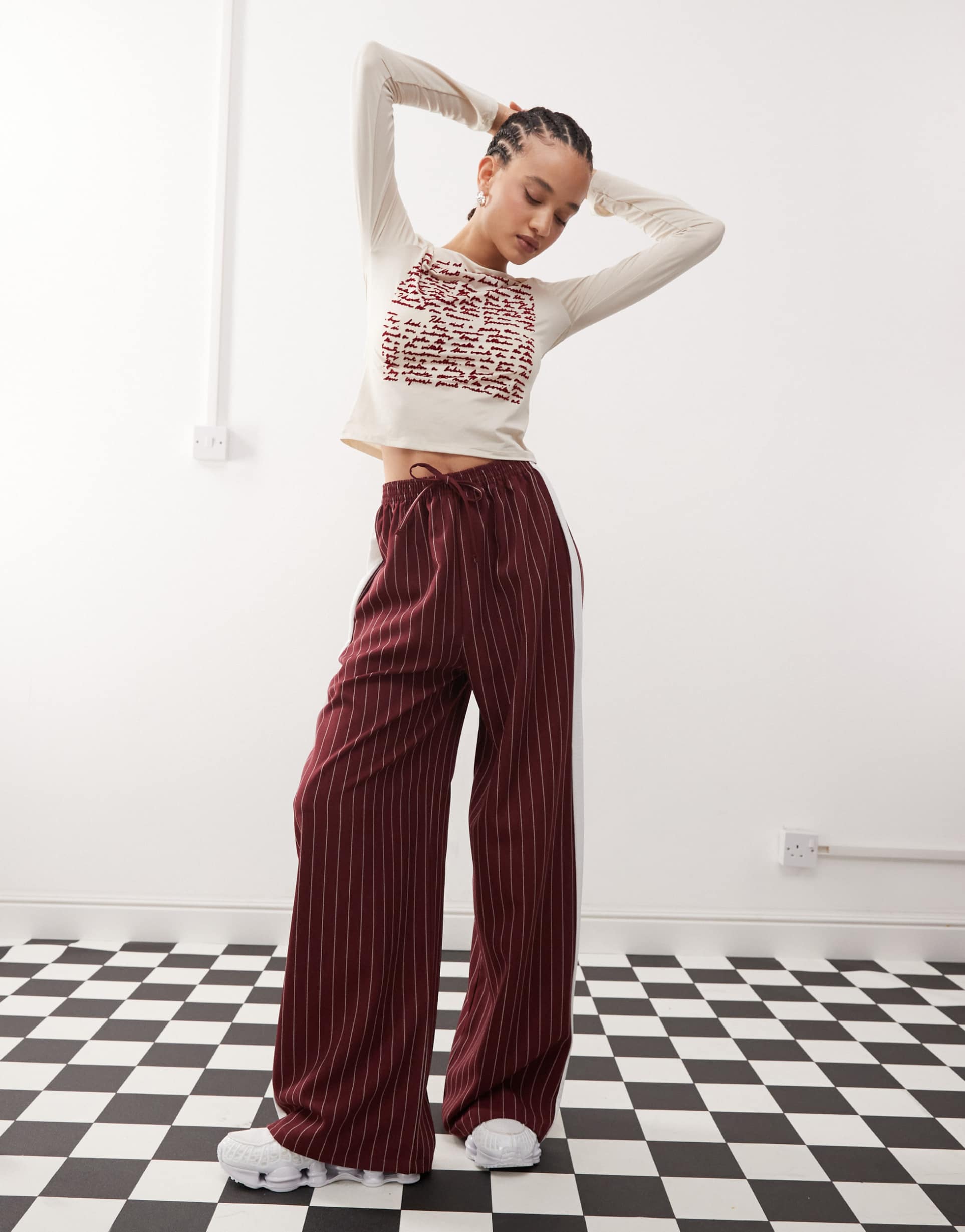 reclaimed vintage pinstripe pants with side panel in burgundy
