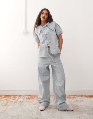 Reclaimed Vintage Pinstripe Tie Front Denim Top - Part Of A Set-blue