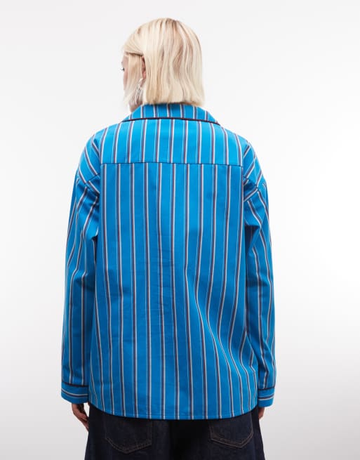 Reclaimed vintage pj style co-ord revere shirt in blue stripe, 4 of 4