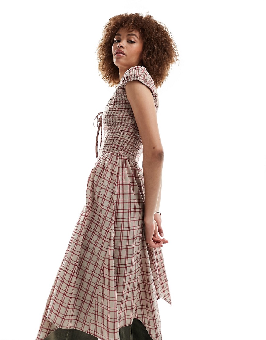 Reclaimed Vintage Plaid Mini Dress With Lace Up Front-multi