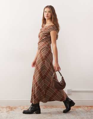 Reclaimed Vintage Plaid Print Tailored Midi Skirt In Brown
