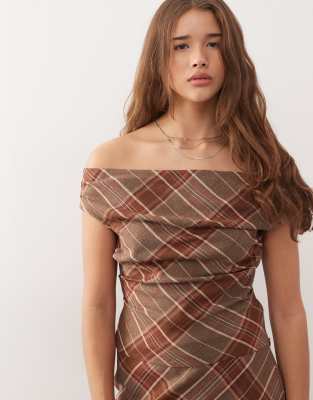 Reclaimed Vintage Plaid Print Tailored Off Shoulder Top In Brown