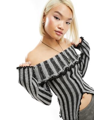 Reclaimed Vintage plated rib knit off shoulder jumper in grey - ASOS Price Checker