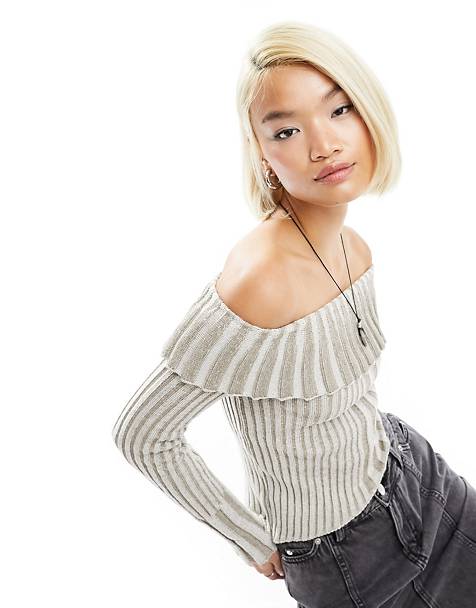 Reclaimed Vintage plated rib knit off shoulder top with asymmetrical hem in neutral