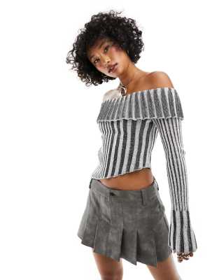 Reclaimed Vintage plated rib knit off shoulder top with asymmetrical hem-Black