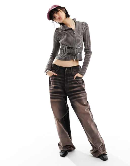 Reclaimed Vintage plated rib knit top with buckle trims