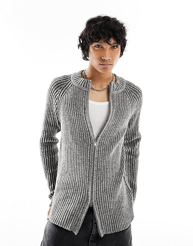 Reclaimed Vintage - plated rib knit zip up jumper in grey
