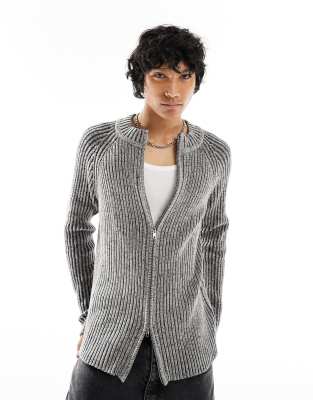 Reclaimed Vintage plated ribbed knit zip up sweater in gray