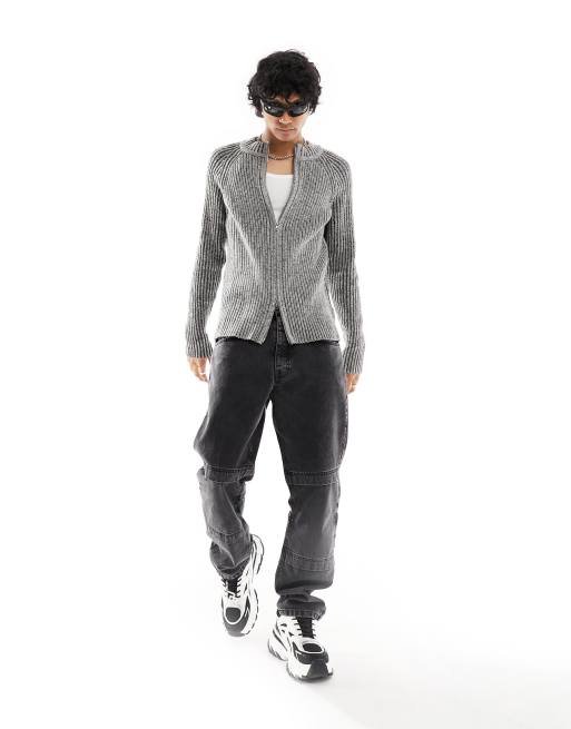 Reclaimed Vintage plated ribbed knit zip up sweater in gray