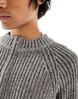 Reclaimed Vintage plated ribbed knit zip up sweater in gray