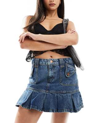 pleated denim western mini skirt-Blue