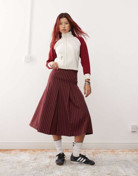 Reclaimed Vintage pleated midi skirt in burgundy pinstripe - view 1