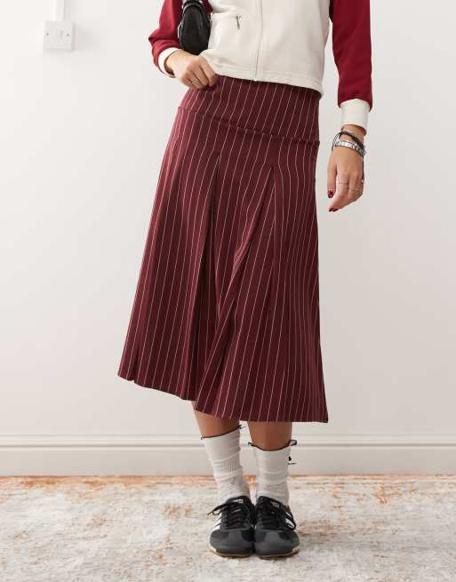 Reclaimed Vintage pleated midi skirt in burgundy pinstripe ASOS