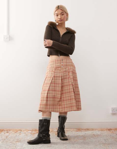 Reclaimed Vintage pleated twill midi skirt in neutral check print - view 1