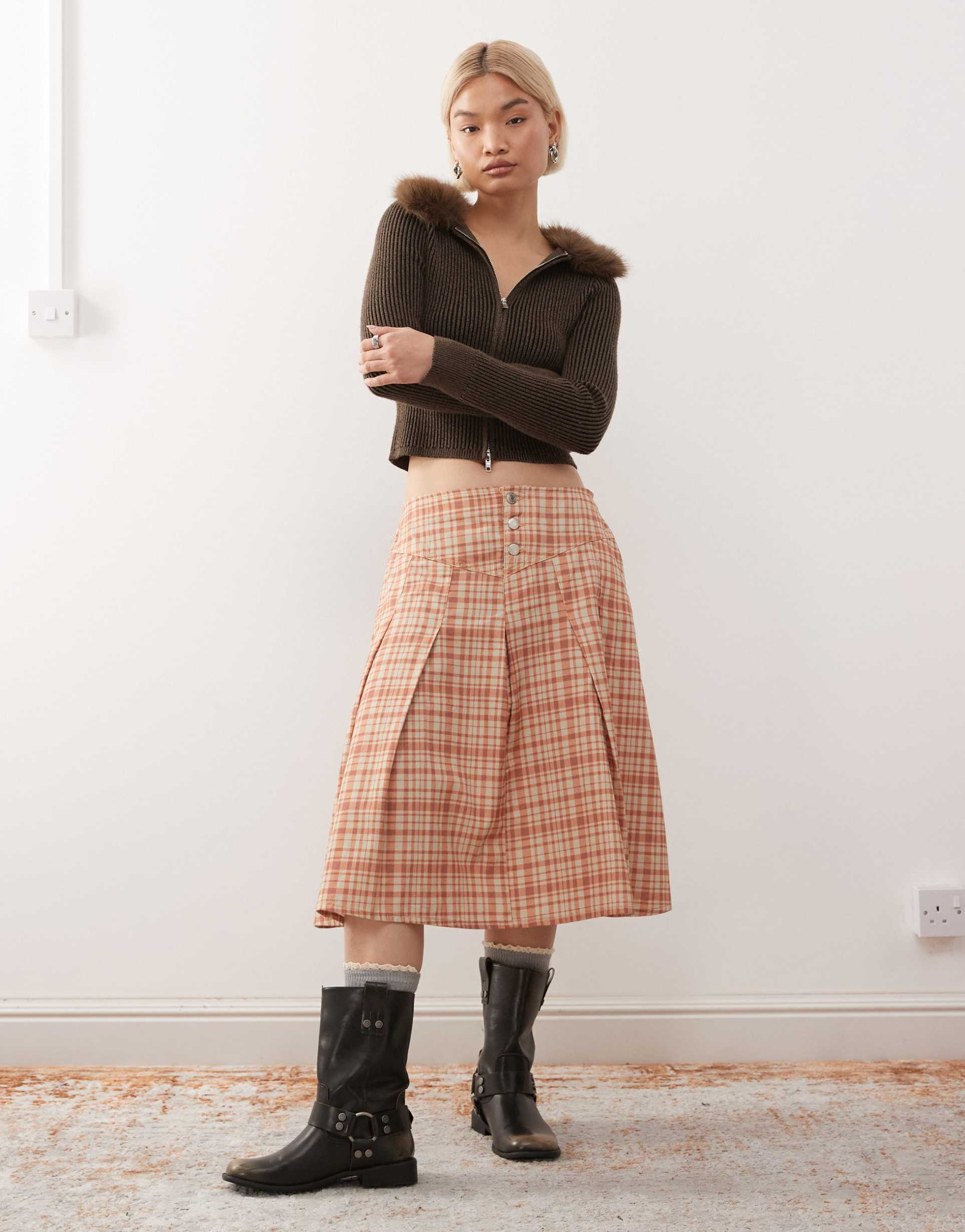 reclaimed vintage pleated twill midi skirt in neutral check print