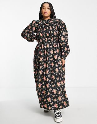 Reclaimed Vintage Plus Collar Smock Maxi Dress In Floral Print-multi