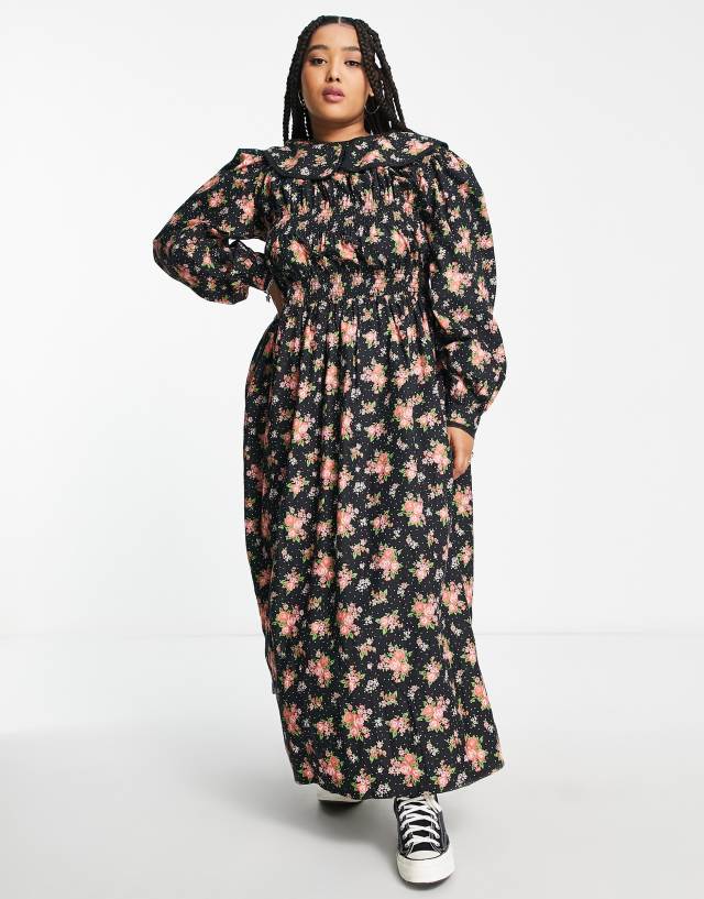 Reclaimed Vintage Plus collar smock maxi dress in floral print