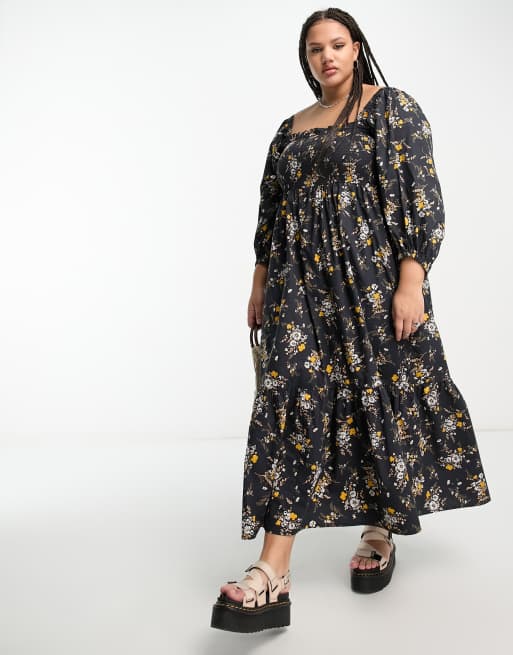 Reclaimed Vintage Plus – Czarna sukienka maxi w kwiatowy wzór