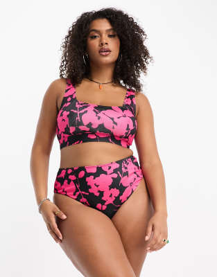 PLUS high waist bikini bottom in pop pink floral print-Multi