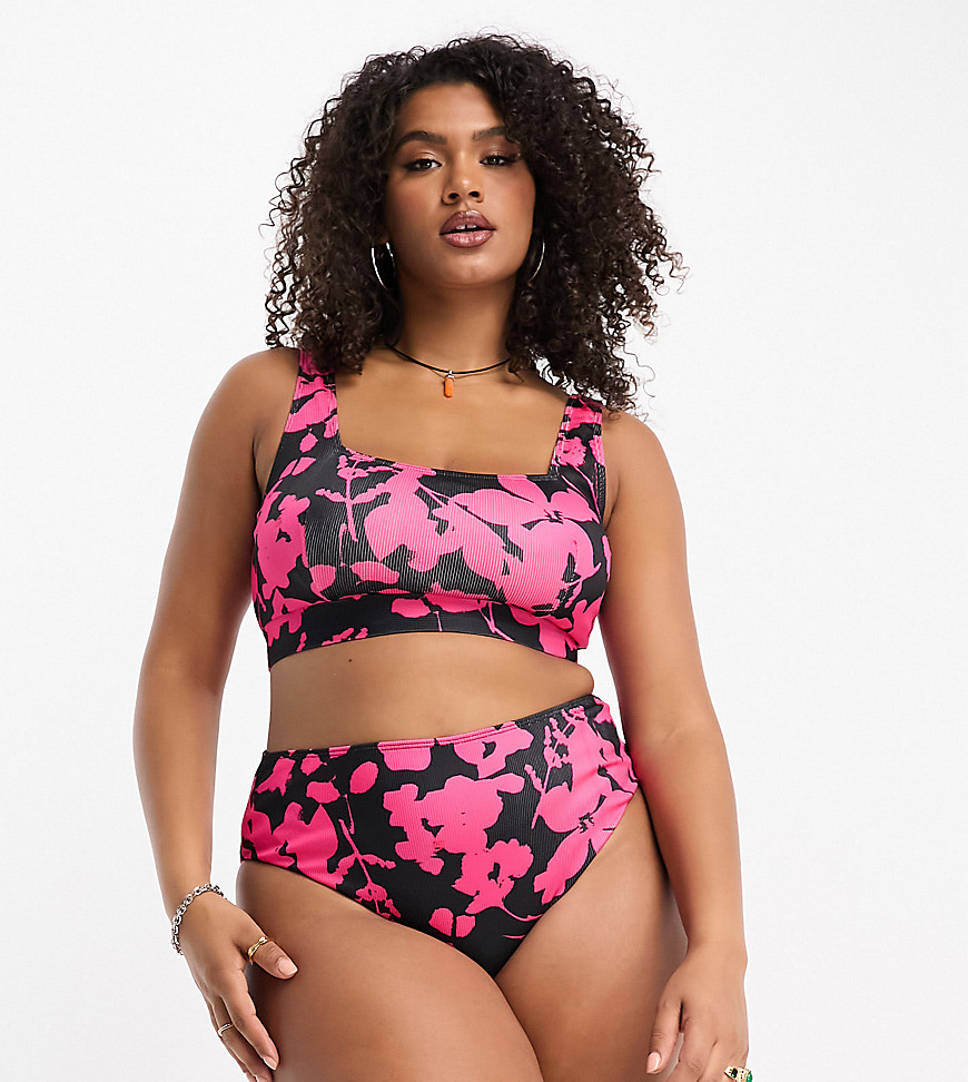 PLUS high waist bikini bottom in pop pink floral print-Multi