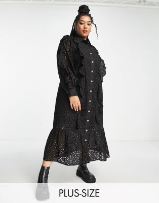 Reclaimed Vintage plus inspired broderie midi smock shirt dress in black - ASOS Price Checker