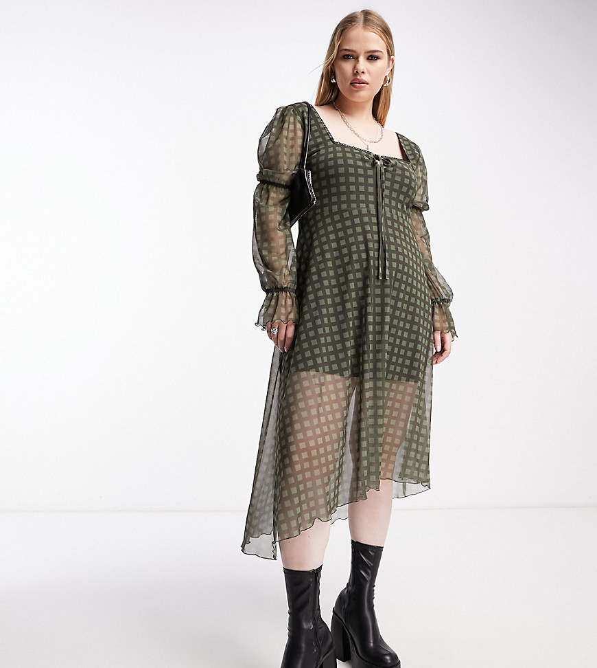 Reclaimed Vintage PLUS long sleeve mesh midi dress in khaki gingham print-Multi