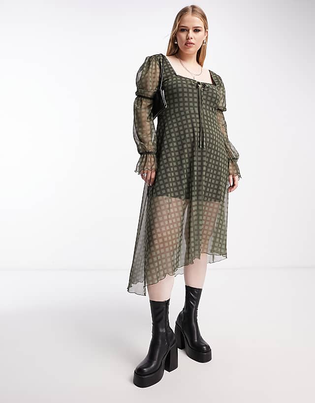 Reclaimed Vintage PLUS long sleeve mesh midi dress in khaki gingham