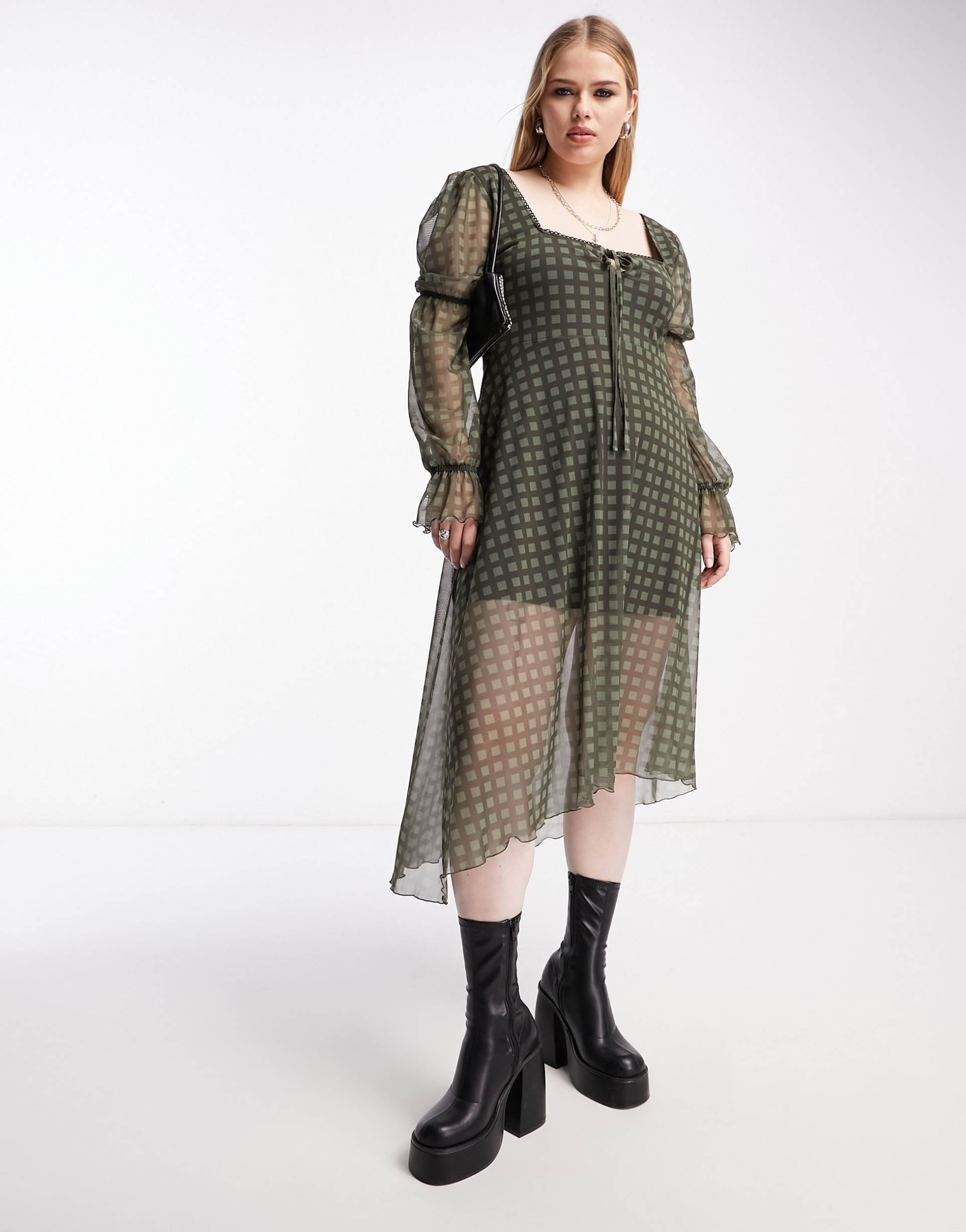 Reclaimed Vintage PLUS long sleeve mesh midi dress in khaki gingham print view 2