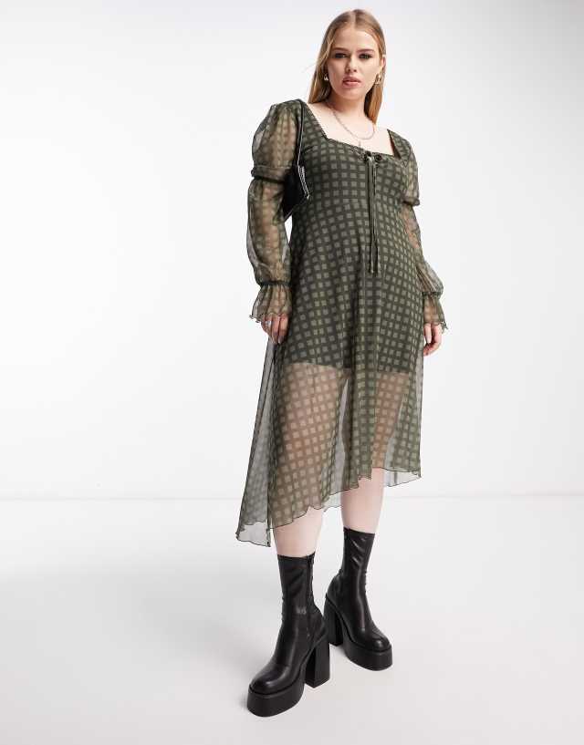 Reclaimed Vintage Plus long sleeve mesh midi dress in khaki gingham print