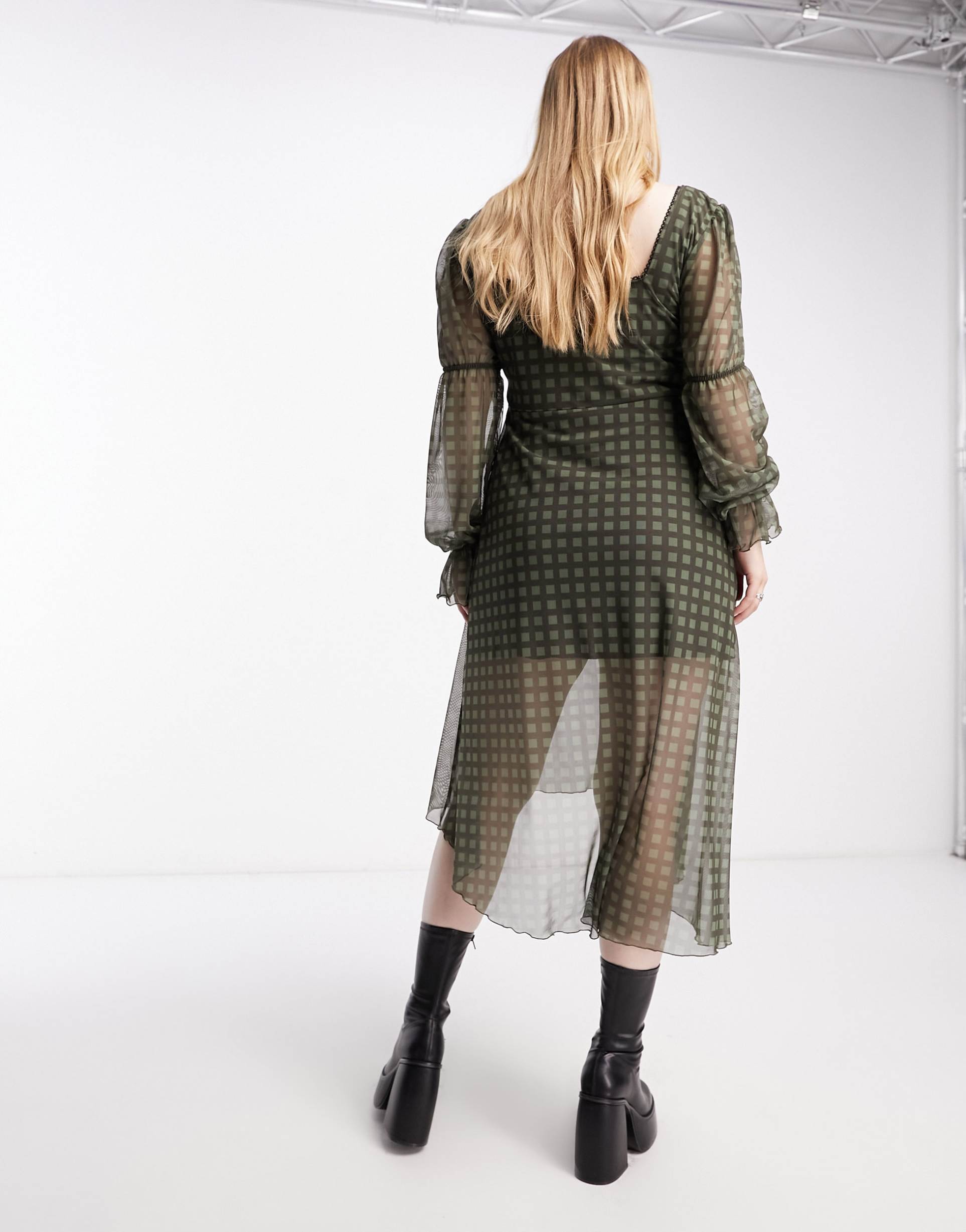 Reclaimed Vintage PLUS long sleeve mesh midi dress in khaki gingham print view 3