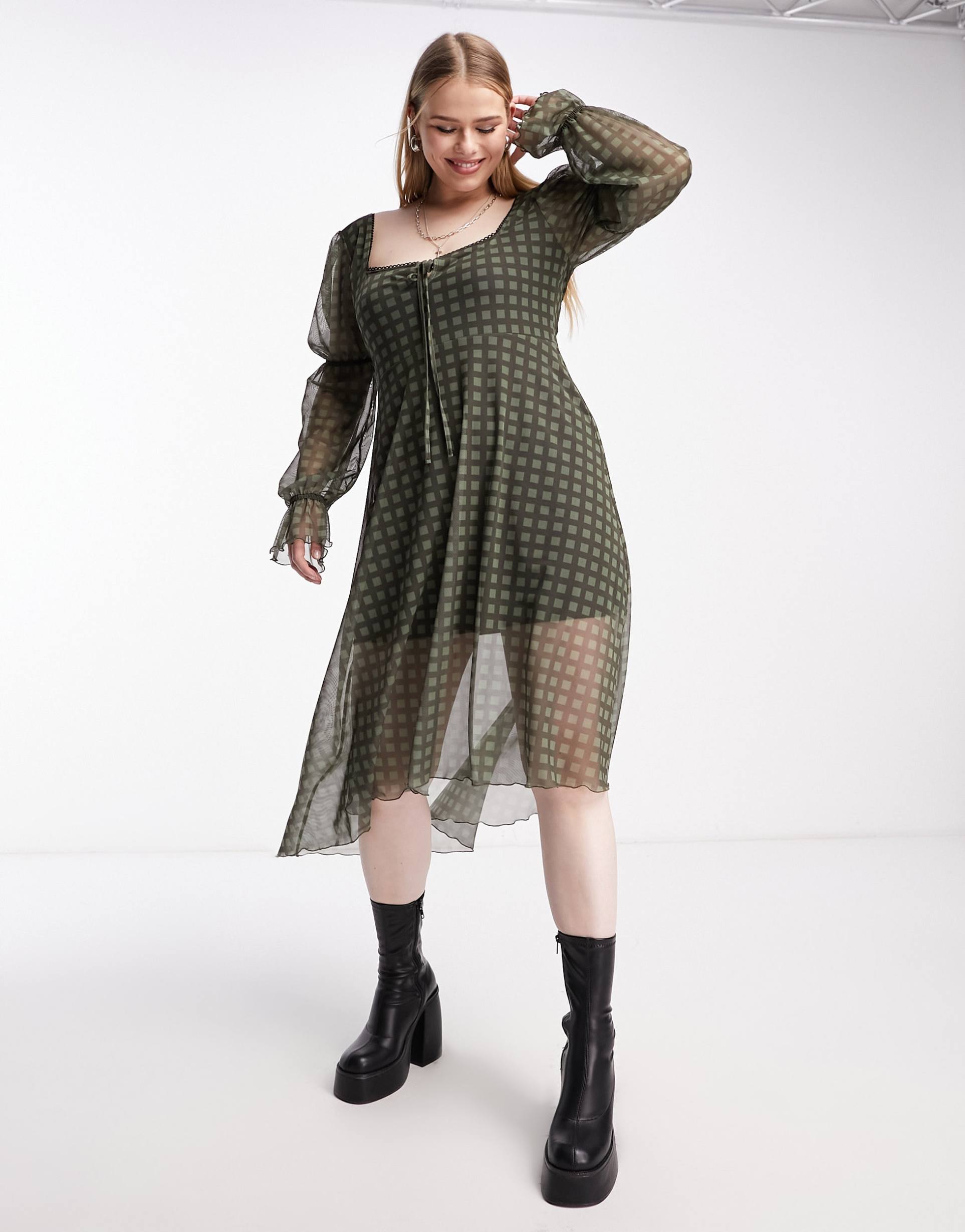 Reclaimed Vintage PLUS long sleeve mesh midi dress in khaki gingham print