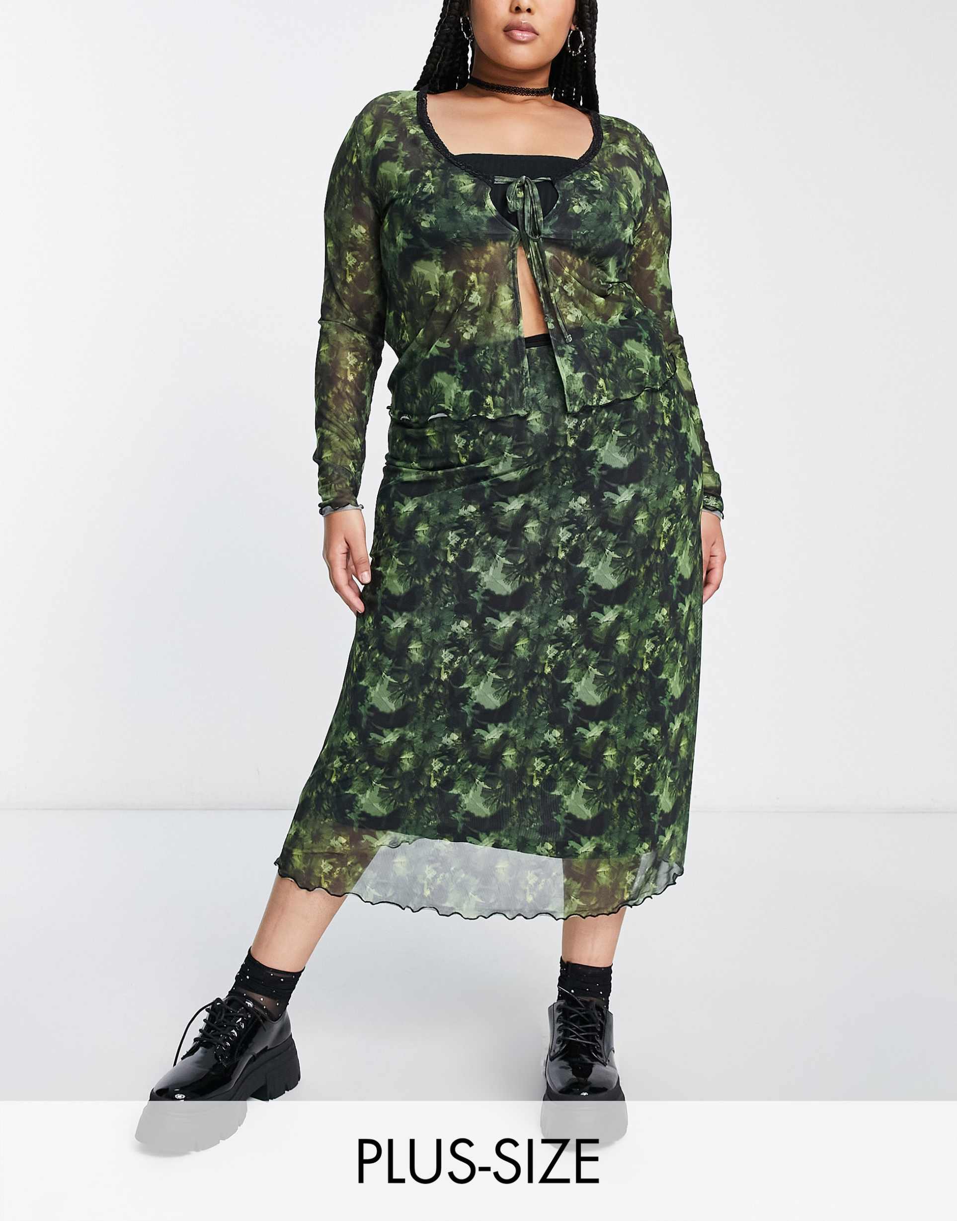 Reclaimed Vintage Plus mesh midi skirt co-ord in grunge green floral print view 2