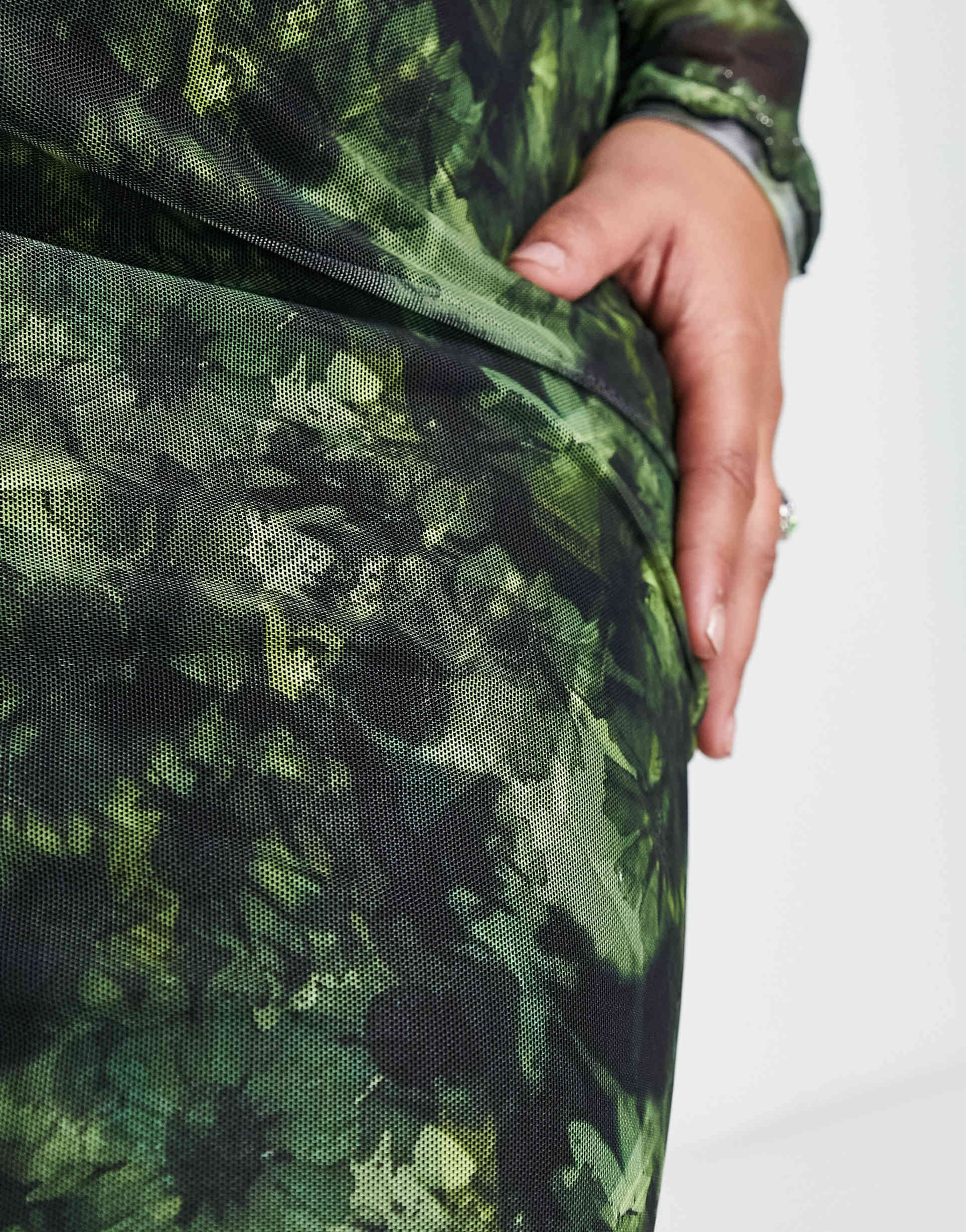 Reclaimed Vintage Plus mesh midi skirt co-ord in grunge green floral print view 4