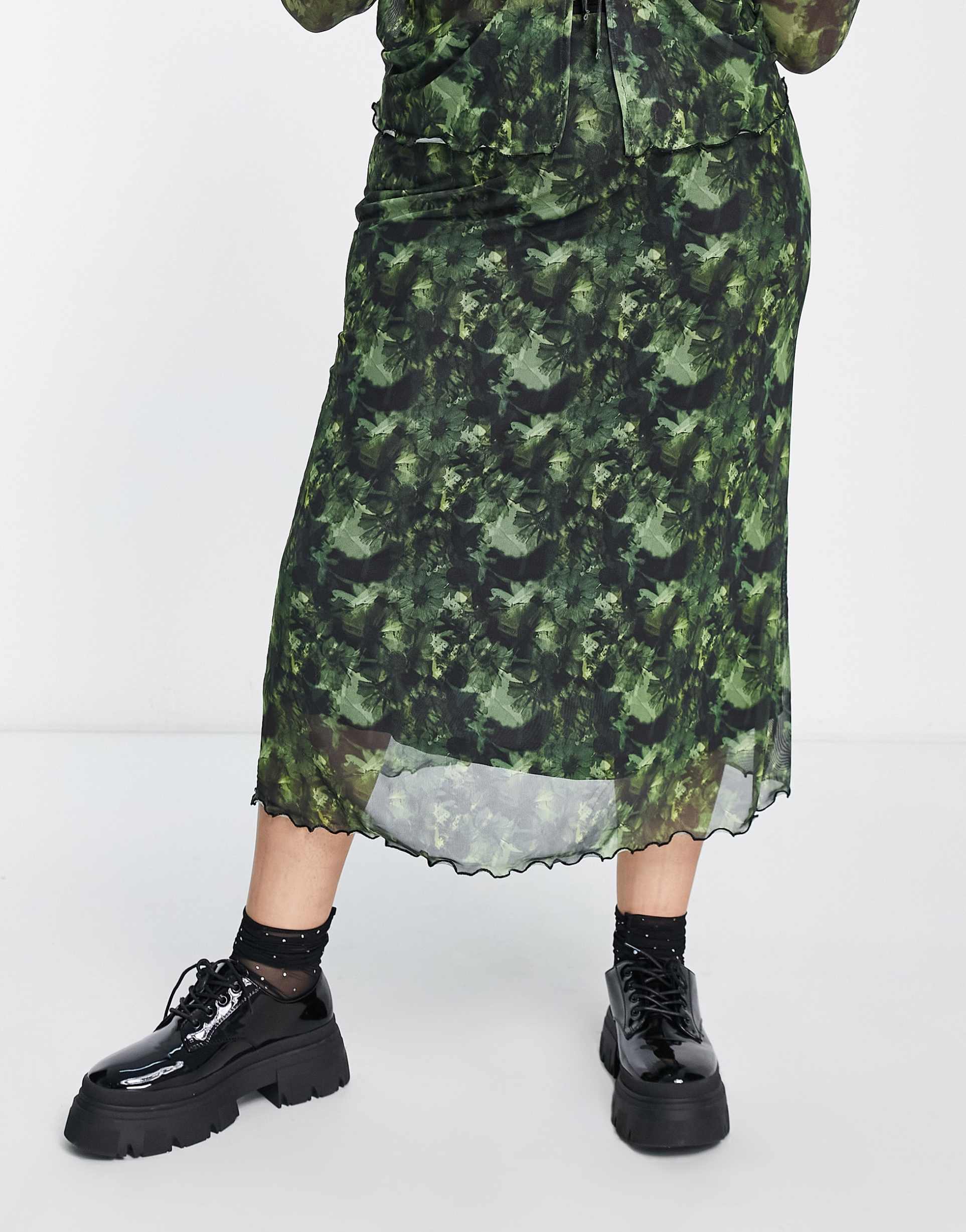 Reclaimed Vintage Plus mesh midi skirt co-ord in grunge green floral print