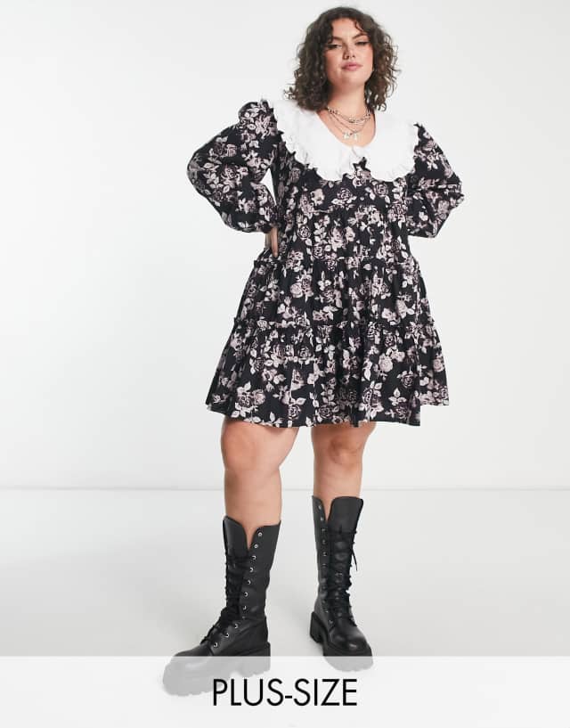 Reclaimed Vintage Plus printed mini dress with contrast collar in floral print