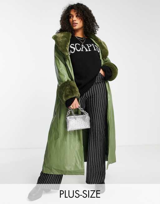 Reclaimed Vintage Plus Regenjas met leerlook lange pasvorm en afneembare kraag van imitatiebont in saliegroen ASOS