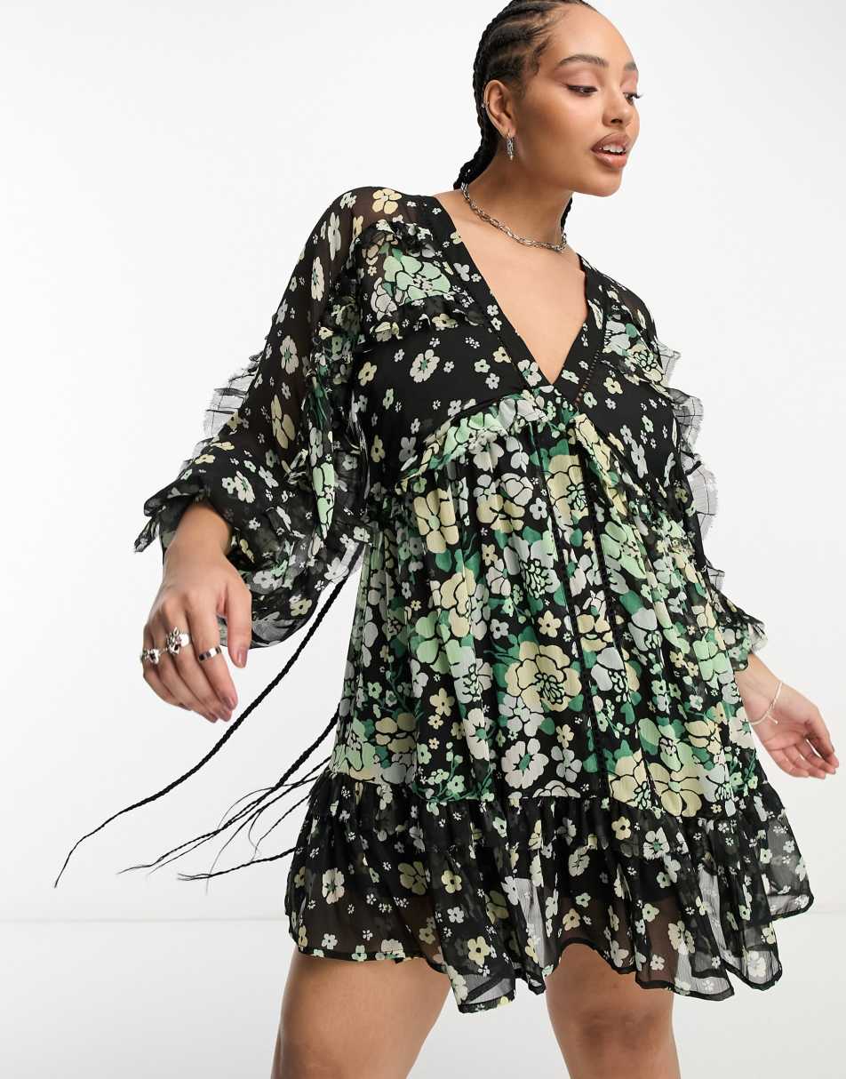 Reclaimed Vintage plus ruffle smock dress in spliced floral print
