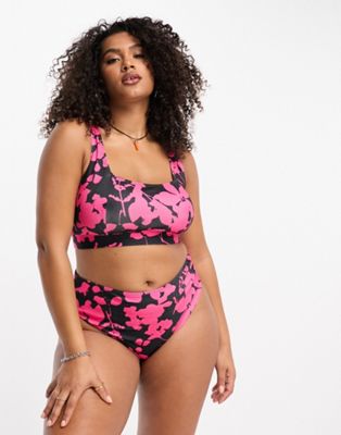PLUS square neck bikini top in pop pink floral print-Multi