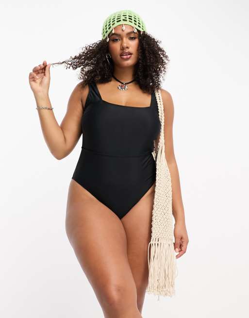 One Piece Swimsuits for Women Scoop Neck Retro Black Bathing Suit