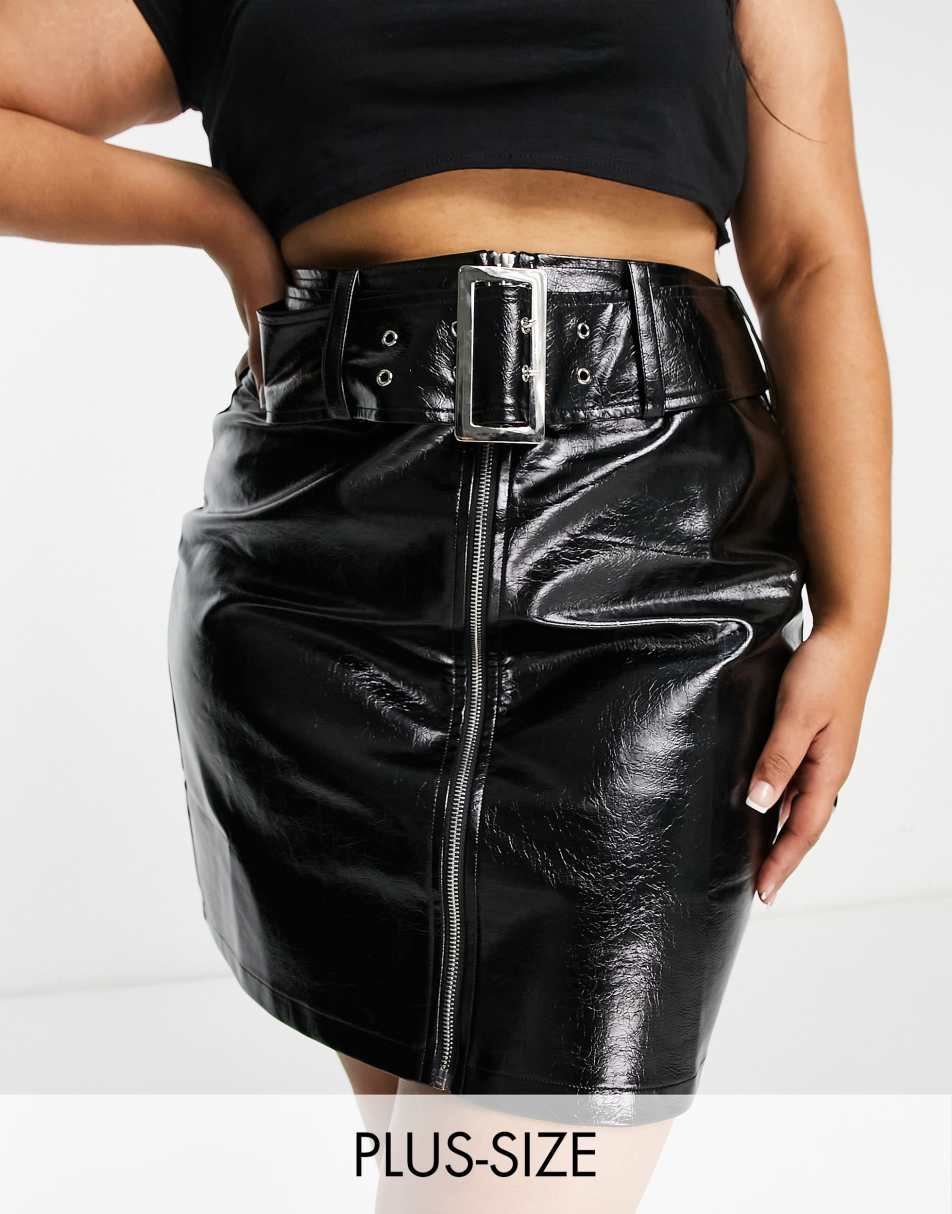 Reclaimed Vintage plus vinyl belted mini skirt in black