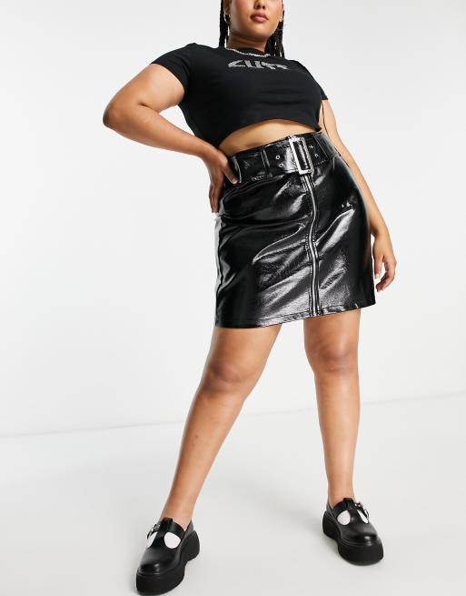 Reclaimed Vintage plus vinyl belted mini skirt in black ASOS