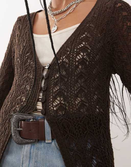 Brown Pointelle Cardigan 2 Piece Set & Hat