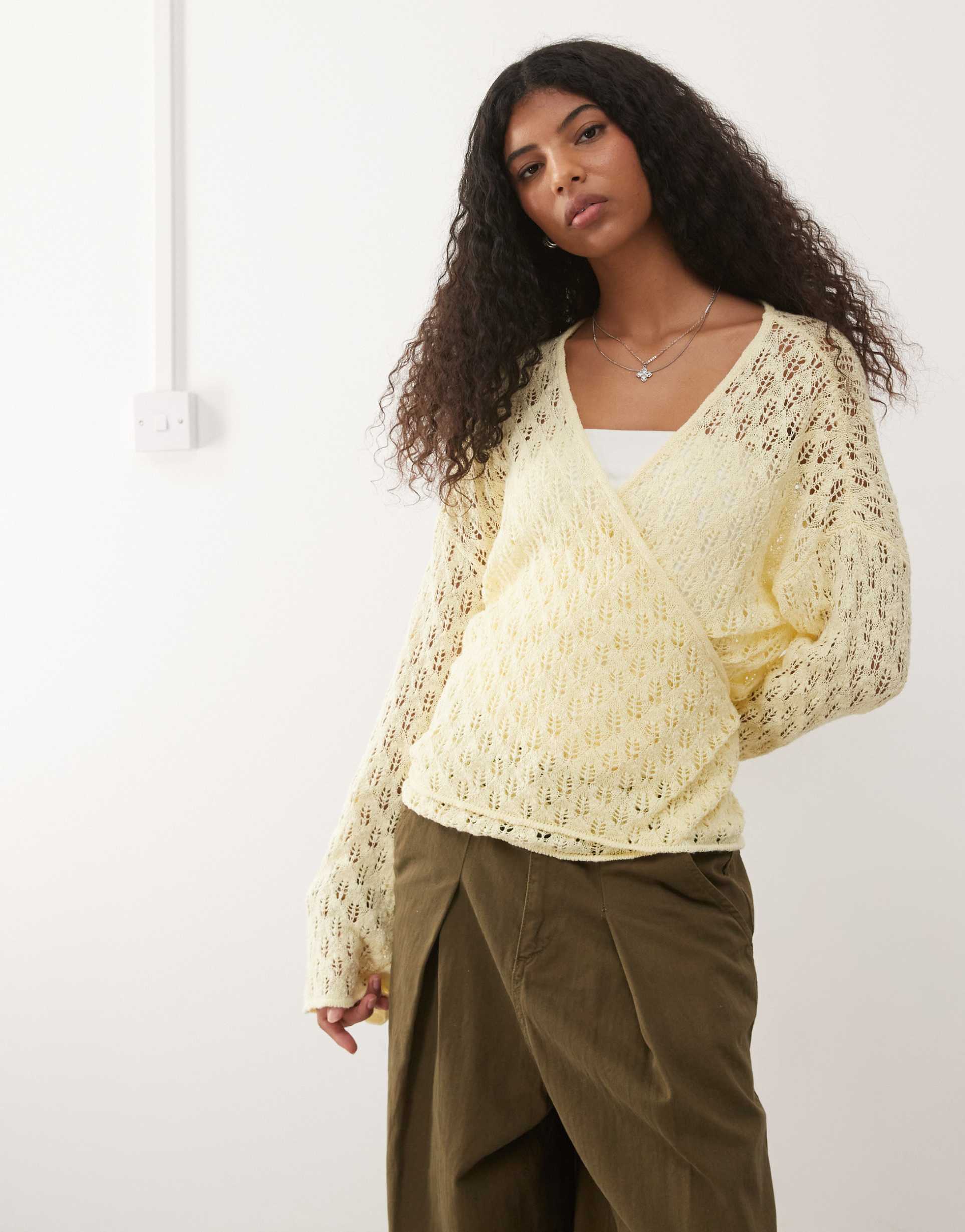 reclaimed vintage pointelle wrap cardigan in yellow