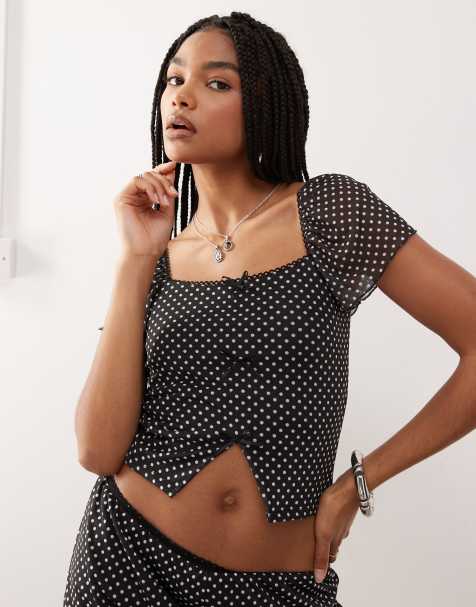 Reclaimed Vintage square neck mesh top with split hem in polka dot print co ord